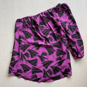 Guess one shoulder purple and black pattern satin one  blouse top L